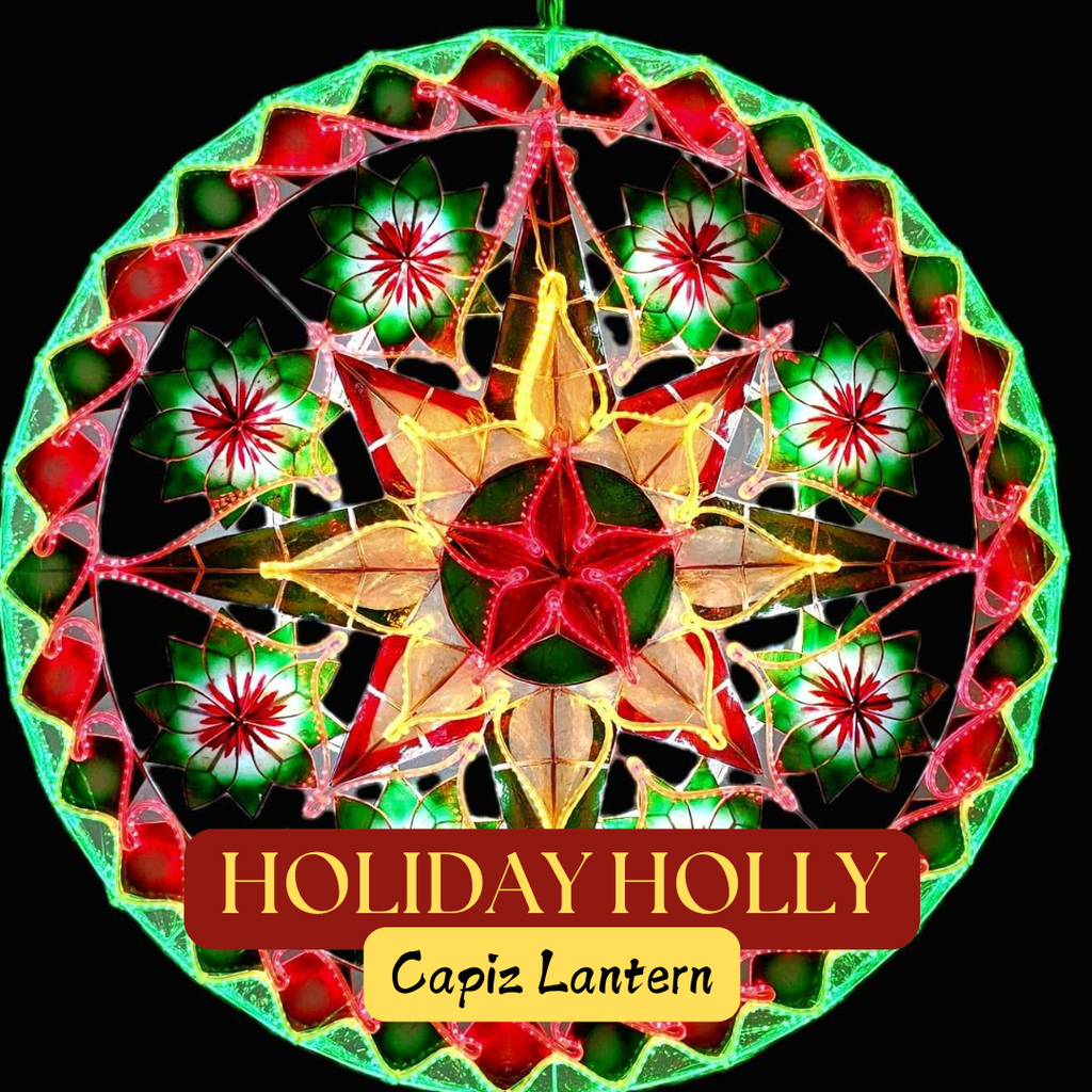 [US-0053] Parol Tala Holiday Holly Capiz Lantern - 20 inches, US 110v